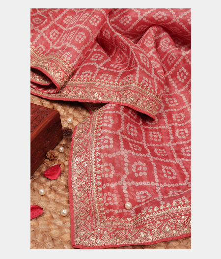 Dark Peach Kora Organza Printed Saree T224323-image