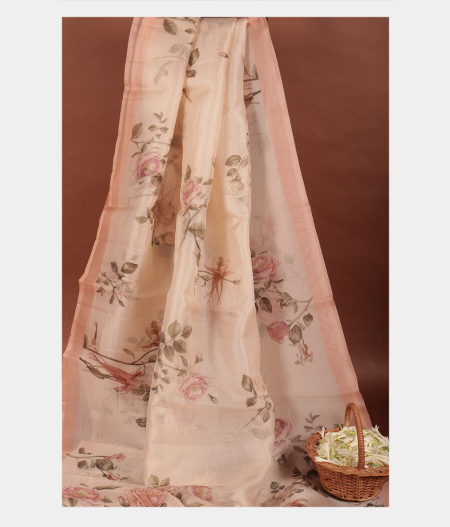 Light Peach Kora Organza Printed Saree T223955-image