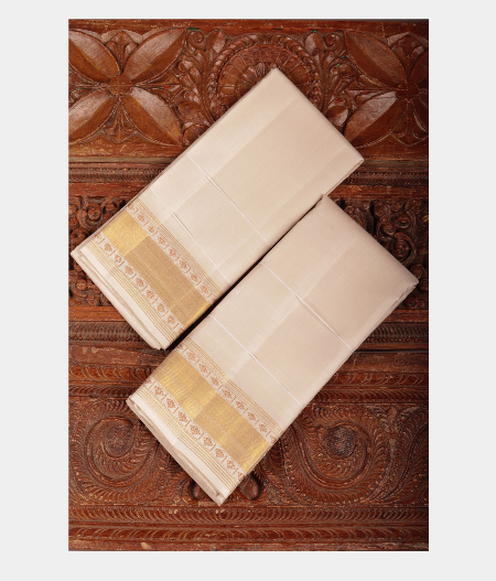 Beige Handwoven Kanjivaram Silk Dhoti and Vastharam T216659-image