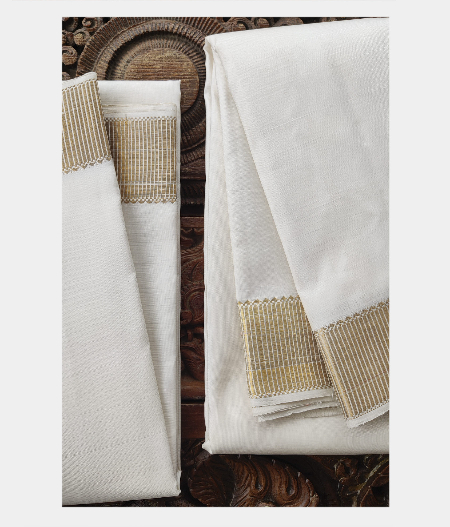 White Handwoven Kanjivaram Silk Dhoti and Vastharam T206485-image