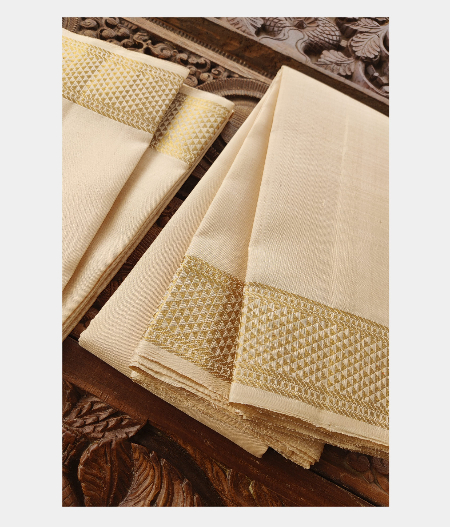 Cream Handwoven Kanjivaram Silk Dhoti and Vastharam T2224072