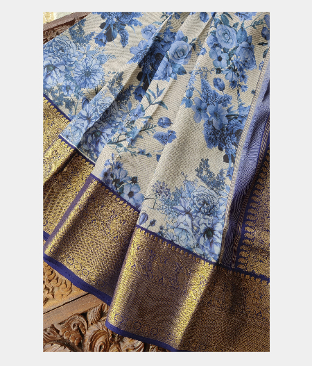 Grey Hand Printed Kanjivaram Silk Saree T220905-image