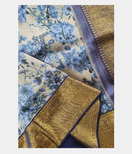 Grey Hand Printed Kanjivaram Silk Saree T2209052