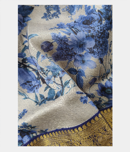 Grey Hand Printed Kanjivaram Silk Saree T2209053