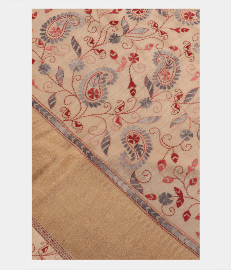 Beige Tussar Kantha Work Saree T218645-image
