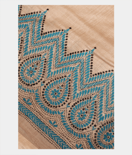 Beige Tussar Kantha Work Saree T219654-image