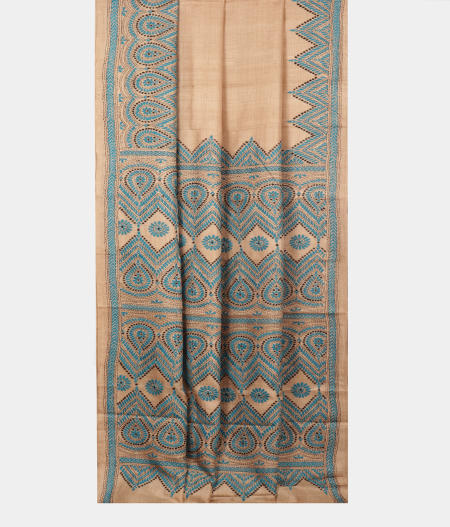 Beige Tussar Kantha Work Saree T2196542