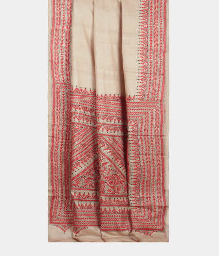 Beige Tussar Kantha Work Saree T2196552