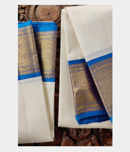 White Handwoven Kanjivaram Silk Dhoti and Vastharam T2182772