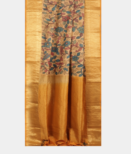 Beige Handpainted Kalamkari Soft Silk Saree T2202802