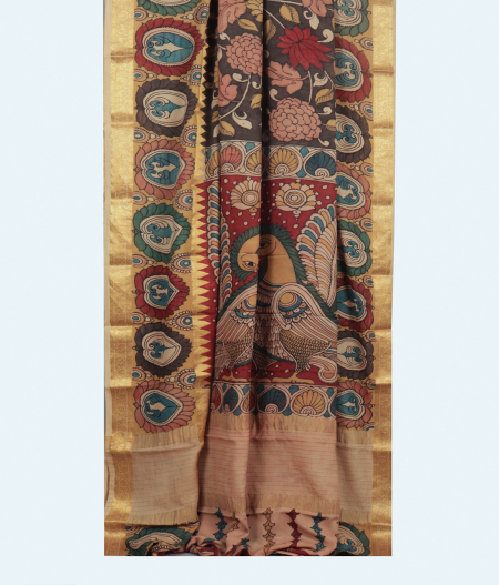 Brown Handpainted Kalamkari Soft Silk Saree T1771902