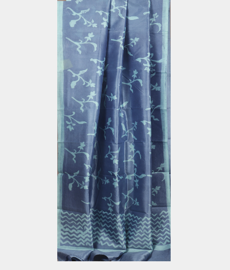 Blue Printed Raw Silk Saree T2202402