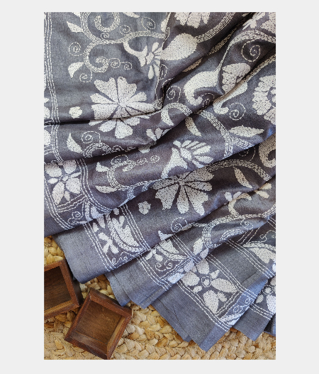 Grey Tussar Kantha Work Saree T2265662