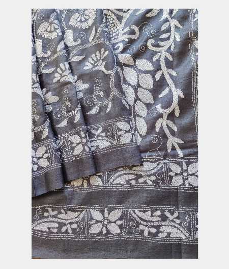 Grey Tussar Kantha Work Saree T2265663