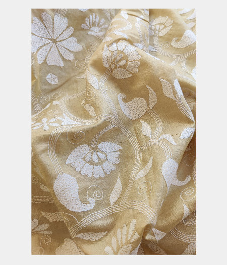 Beige Tussar Kantha Work Saree T2265703