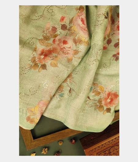 Light Green Linen Printed Saree T227540-image