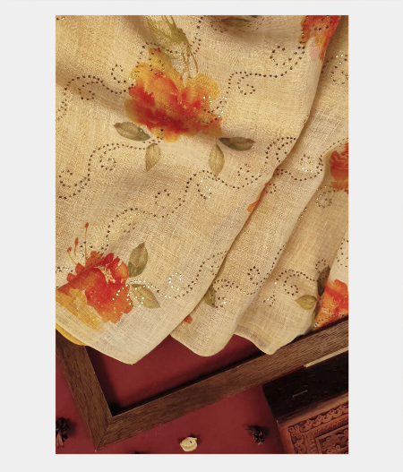 Cream Linen Printed Saree T227549-image