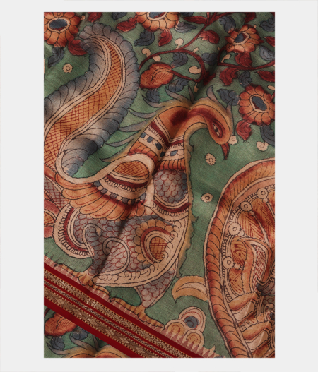Green Tussar Handpainted Kalamkari Saree T227581-image