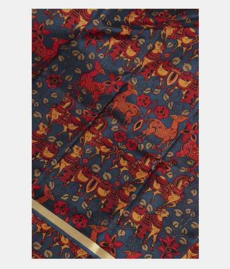 Navy Blue Printed Silk Saree T162622- C-image