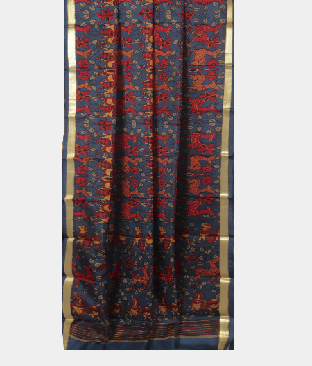 Navy Blue Printed Silk Saree T162622- C2