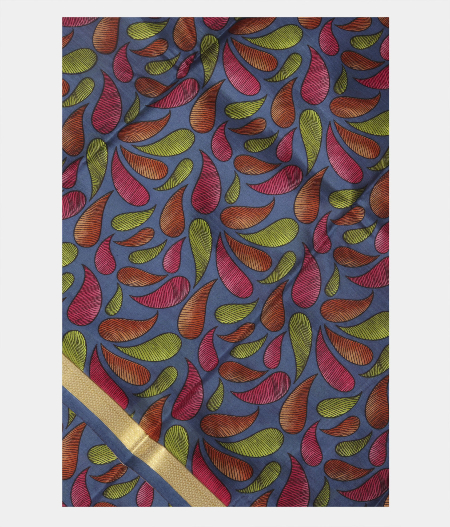 Blue Printed Silk Saree T162622 B-image