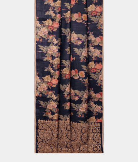Dark Grey Tussar Printed Saree T2193772