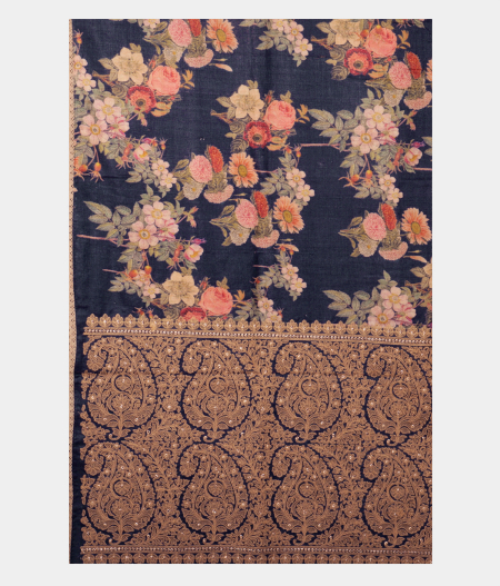 Dark Grey Tussar Printed Saree T2193774