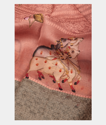 Peach Kora Organza Printed Saree T2294552