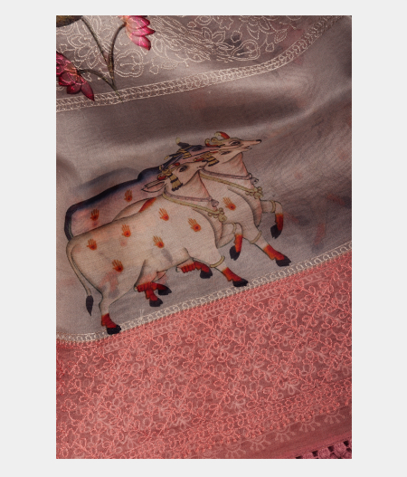 Grey Kora Organza Printed Saree T2294462