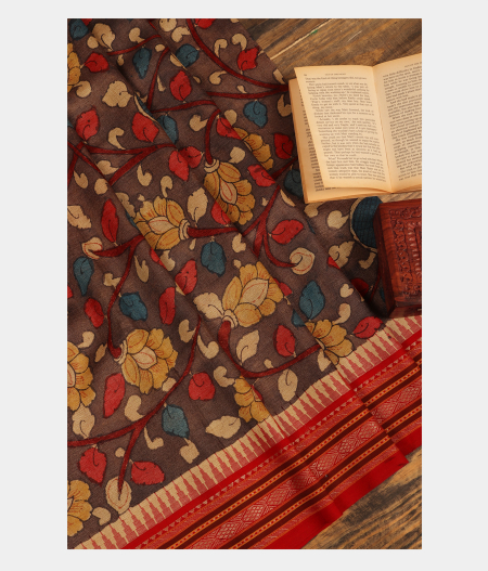 Grey Tussar Handpainted Kalamkari Saree T202024-image