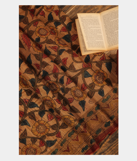 Rust Tussar Handpainted Kalamkari Saree T226852-image