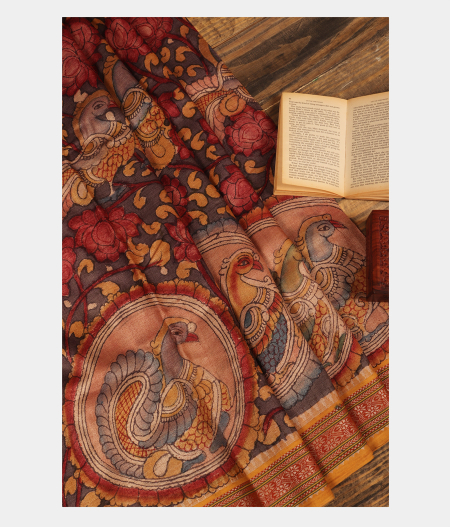 Grey Tussar Handpainted Kalamkari Saree T227583-image