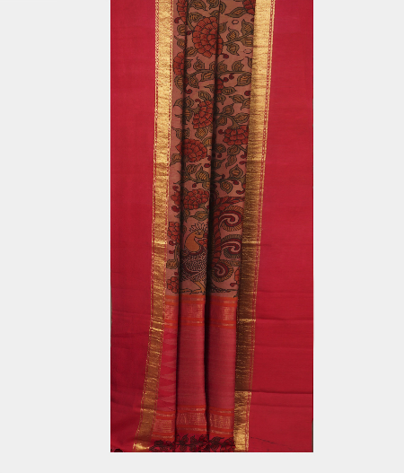 Brown  Handpainted Kalamkari Soft Silk Saree T2271592