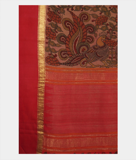 Brown  Handpainted Kalamkari Soft Silk Saree T2271594
