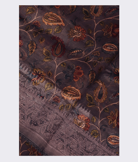 Dark Grey Kora Organza Printed Saree  T2301875