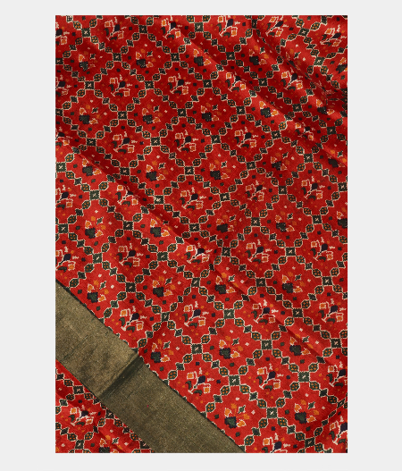 Reddish Orange Printed Raw Silk Saree T231586-image