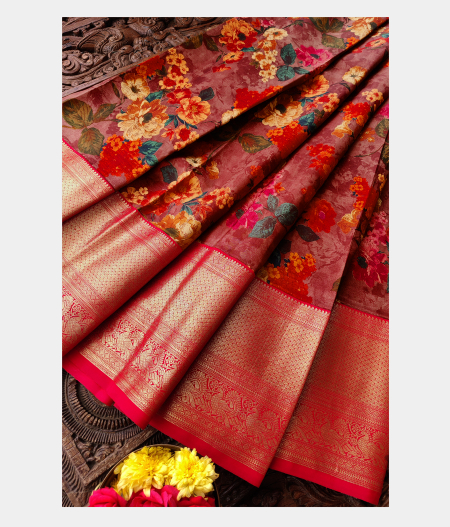 Brown Printed Kanjivaram Silk Pavadai T182505-image