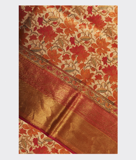 Beige Hand Printed Kanjivaram Silk Saree T67353-image