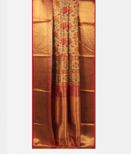Beige Hand Printed Kanjivaram Silk Saree T673532
