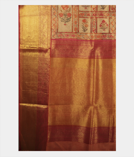 Beige Hand Printed Kanjivaram Silk Saree T673534