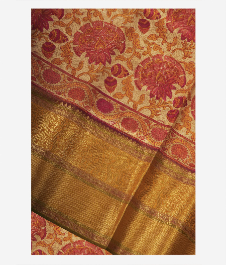 Beige Hand Printed Kanjivaram Silk Saree T139355-image