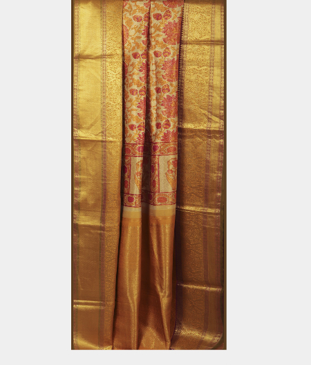 Beige Hand Printed Kanjivaram Silk Saree T1393552