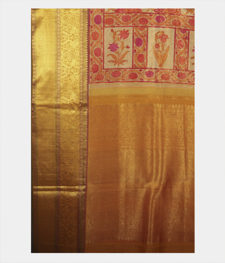 Beige Hand Printed Kanjivaram Silk Saree T1393554