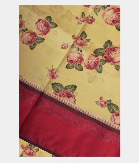 Light Yellow Hand Printed Kanjivaram Silk Saree T174866-image