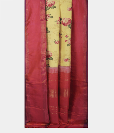 Light Yellow Hand Printed Kanjivaram Silk Saree T1748662