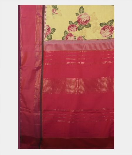 Light Yellow Hand Printed Kanjivaram Silk Saree T1748664