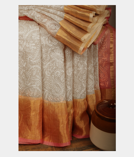 White Silk Embroidery Kota Saree T232228-image