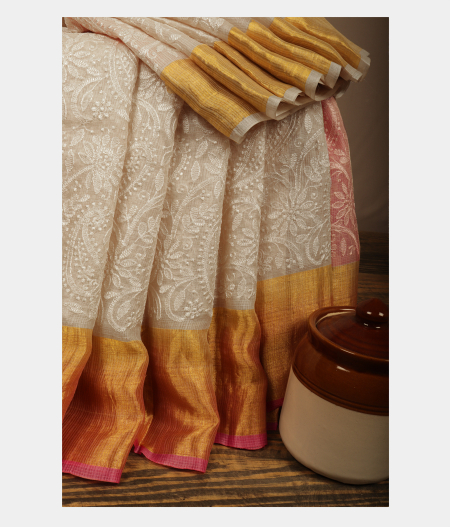 White Silk Embroidery Kota Saree T232225-image