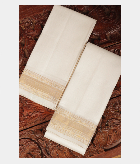 White Handwoven Kanjivaram Silk Dhoti and Vastharam T228750-image
