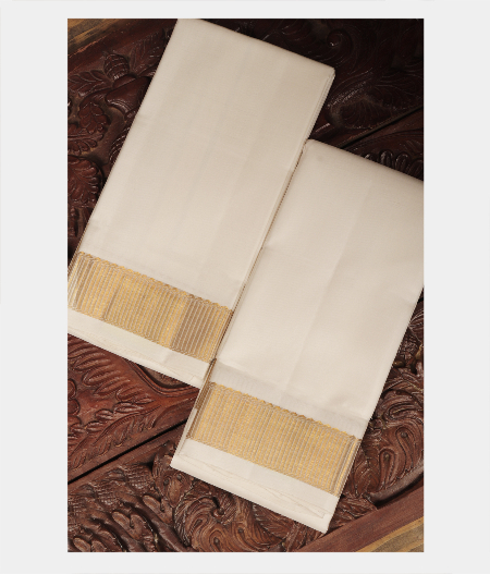 White Handwoven Kanjivaram Silk Dhoti and Vastharam T206484-image